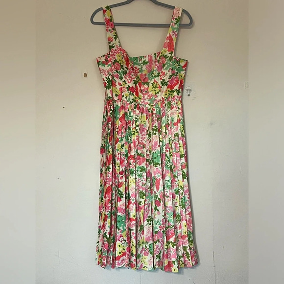 Tuckernuck Fiora Pleat Bright Floral Square Neck Midi Spring Easter Dress Size 8 - Picture 2 of 11